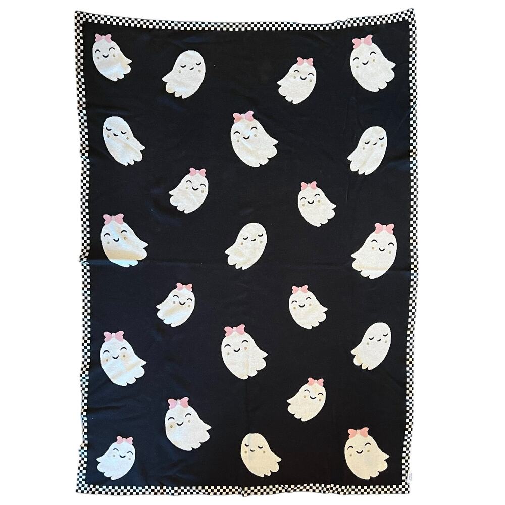 Goblin & Ghoul Ghost Throw Blanket Black White Pink Bows Halloween Emo